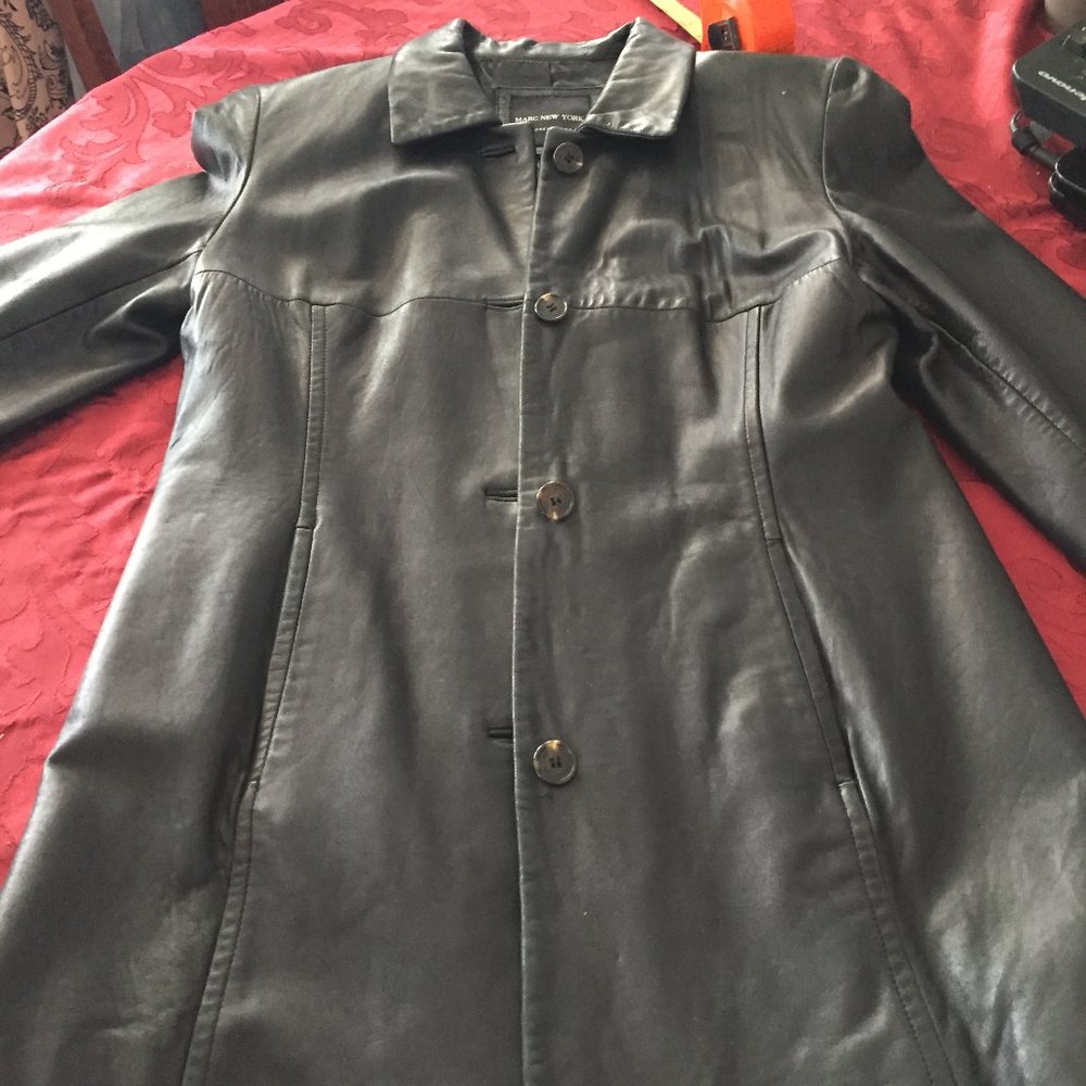 Andrew Marc long black  leather jacket Sz XL Dress to impress
